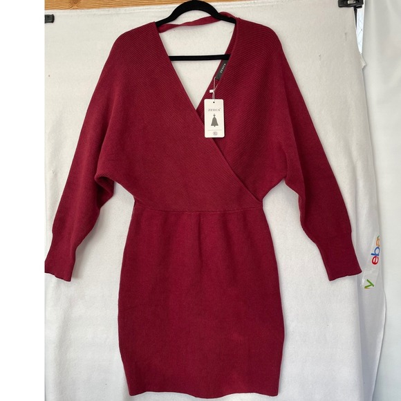 ZESICA Wrap Sweater Dress Women XL Burgundy New Ribbed Batwing V-Neck Mini Tie - Picture 2 of 11